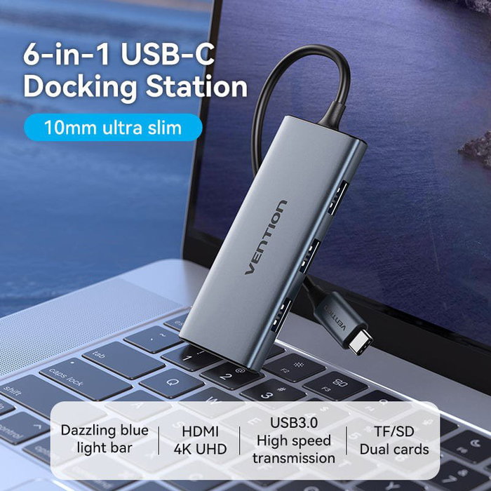 Vention TOOHB Docking USB Tipo-C con HDMI 4K, 3xUSB y Lector de Tarjetas, Gris Vention TOOHB Docking USB Tipo-C con HDMI 4K, 3xUSB y Lector de Tarjetas, Gris